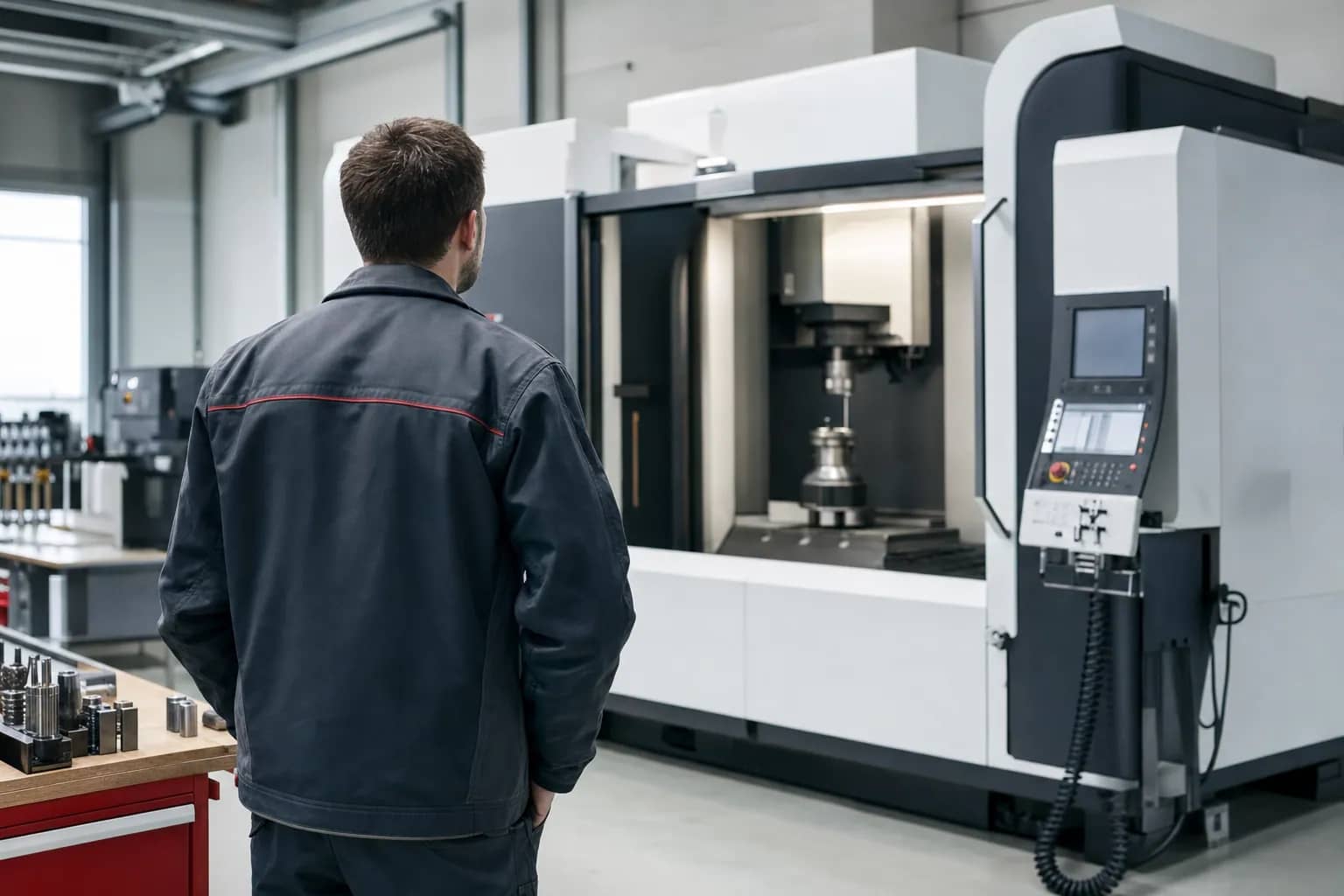Moderne Maschinenbauhalle mit CNC-Maschine und Ingenieur.