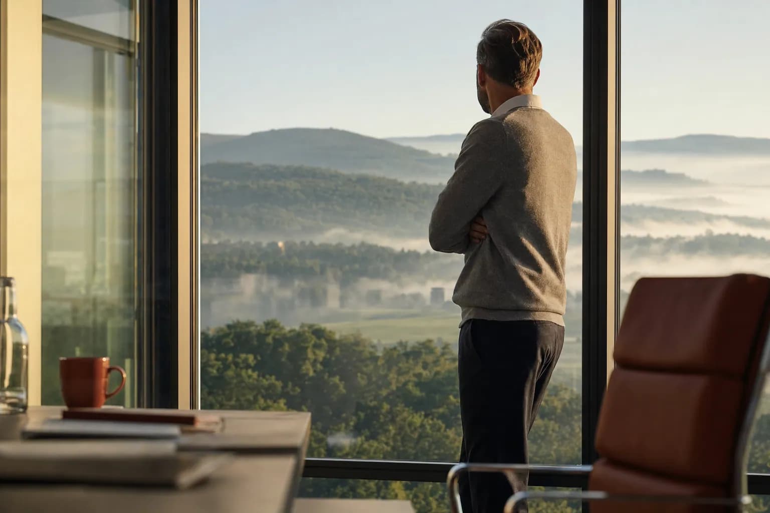 Blick aus einem Bürofenster auf die grünen Hügel des Taunus am Morgen.