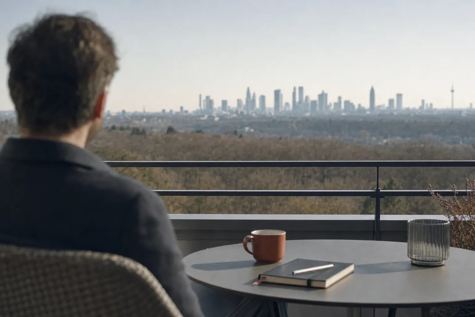 Blick von einer Terrasse im Taunus auf die Skyline von Frankfurt am Morgen.