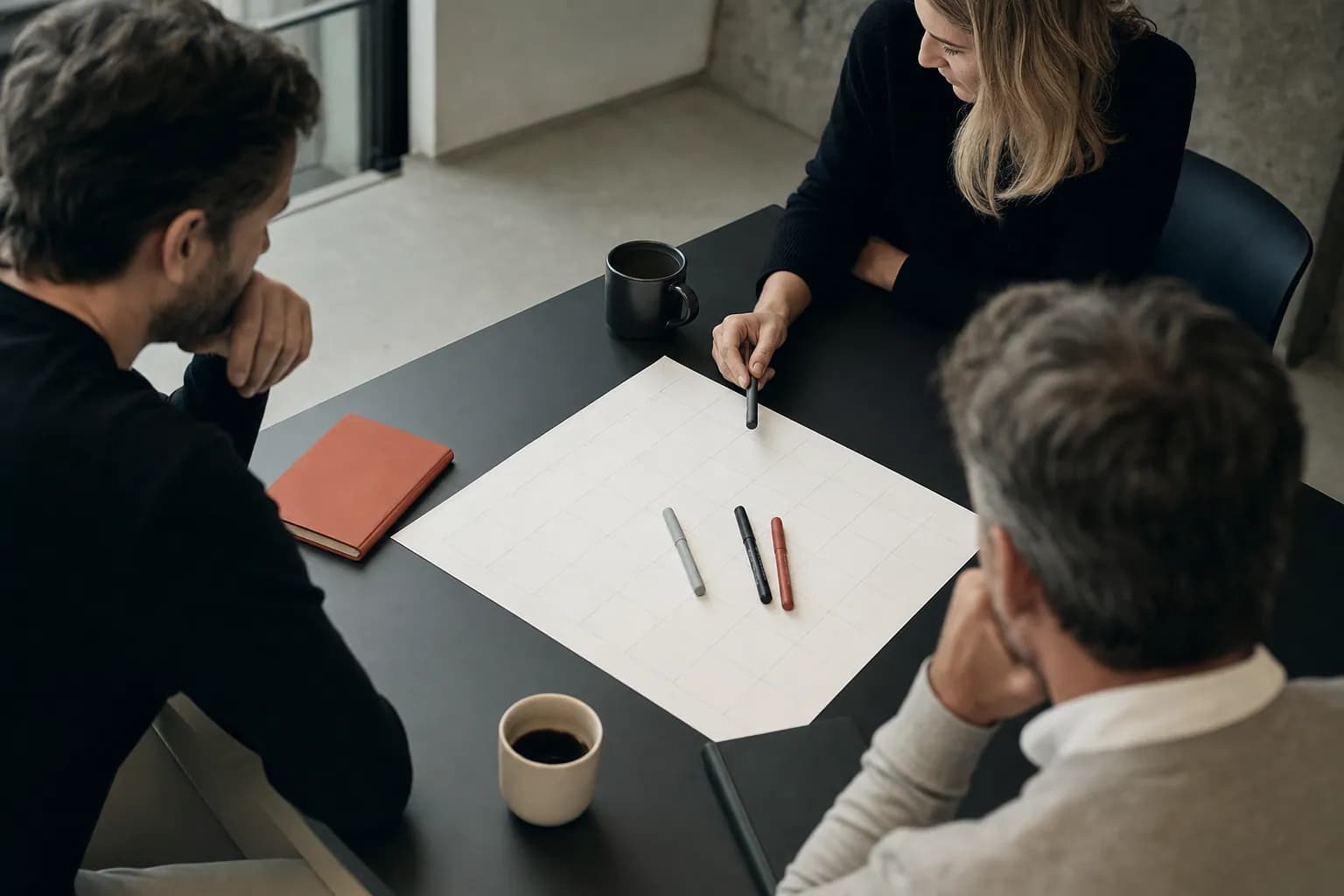 Planungstisch mit Kalenderraster, Stiften, Notizbüchern und Kaffee von oben.