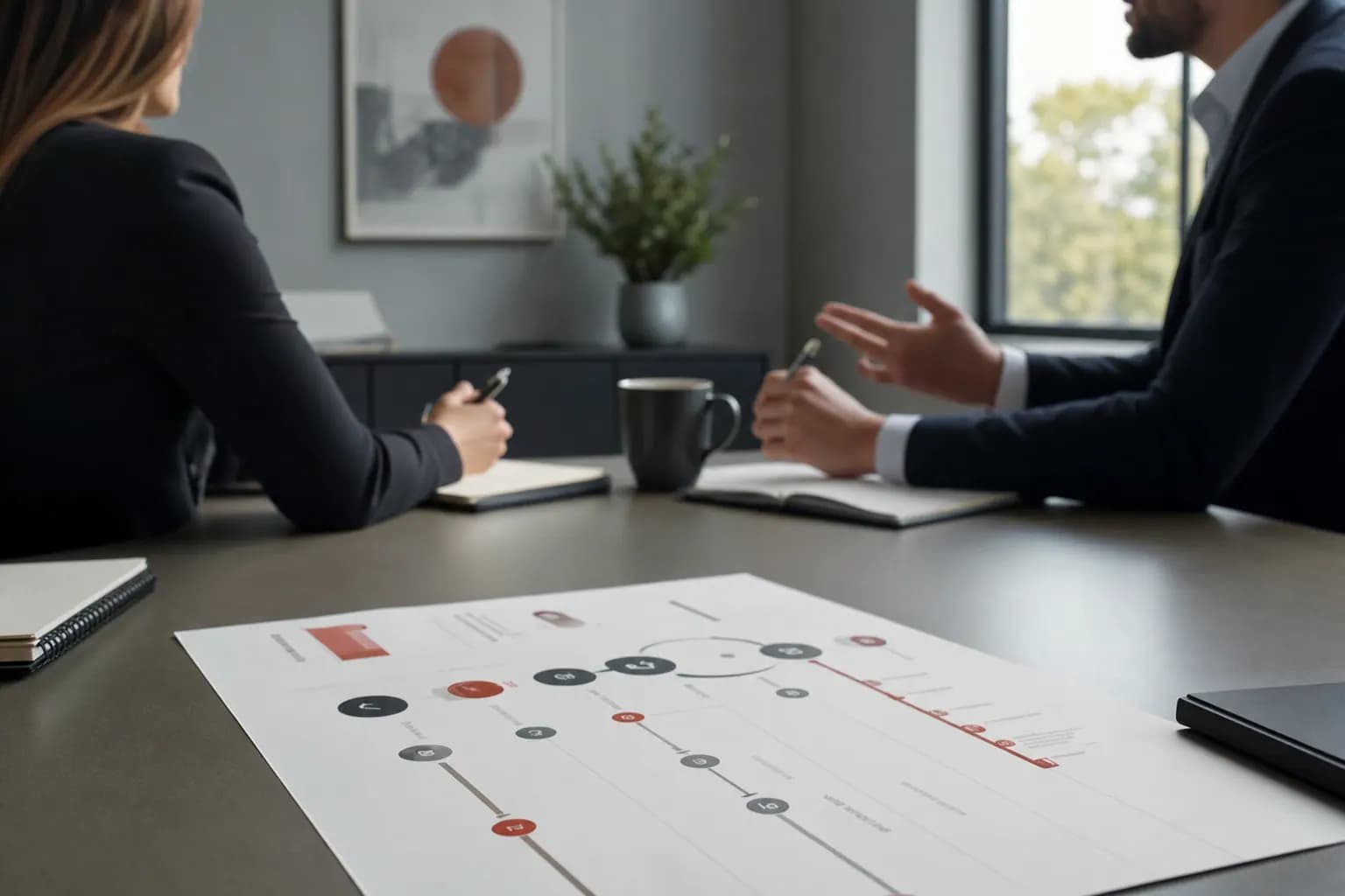 B2B-Vertriebsgespräch mit Leitfaden auf einem Besprechungstisch