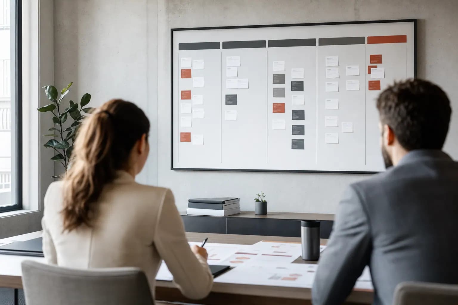 B2B-Vertriebsteam analysiert Pipeline und nächste Schritte in einem ruhigen Meetingraum