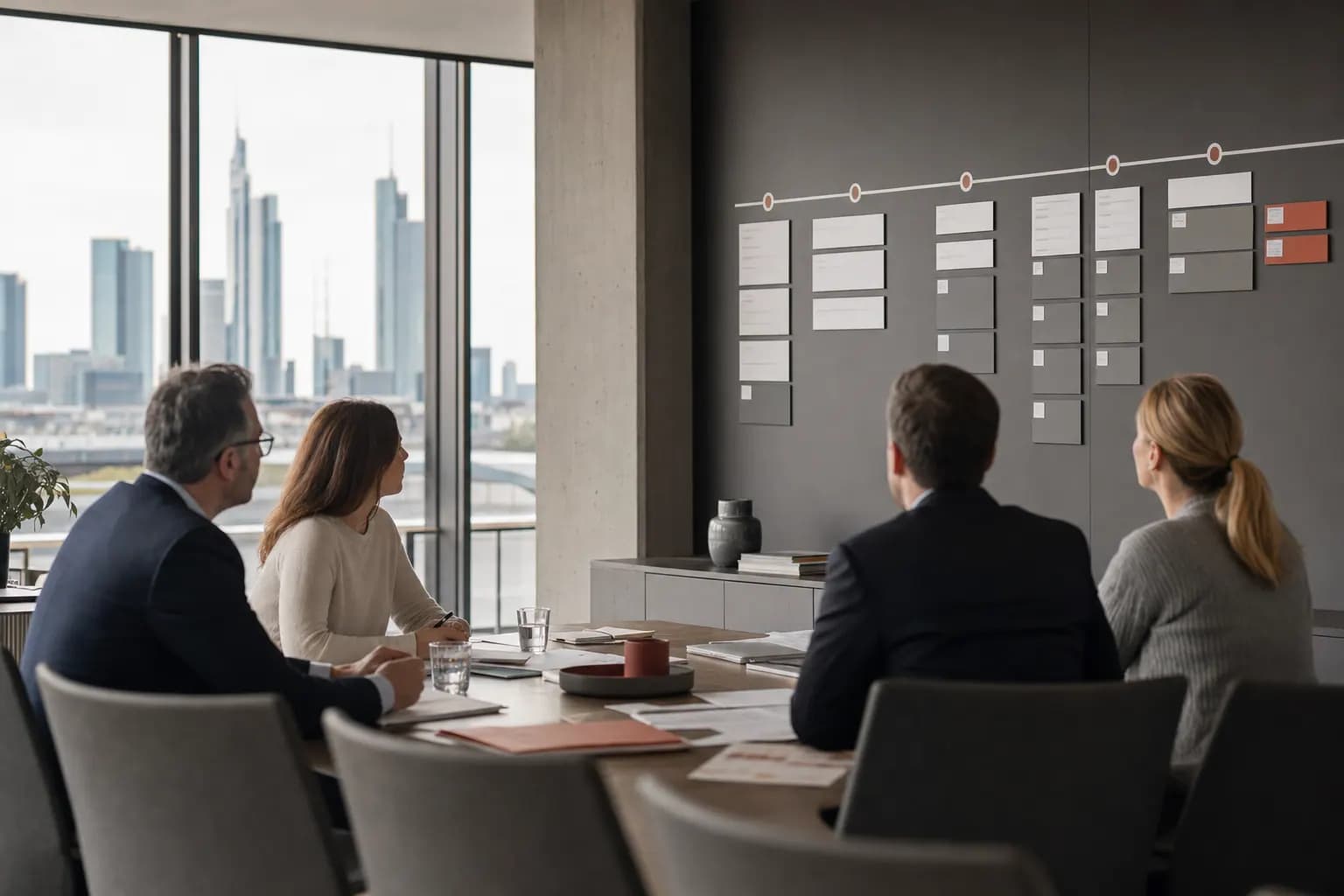 Ruhige Besprechung zu Vertriebsoutsourcing mit Unterlagen in einem modernen Büro